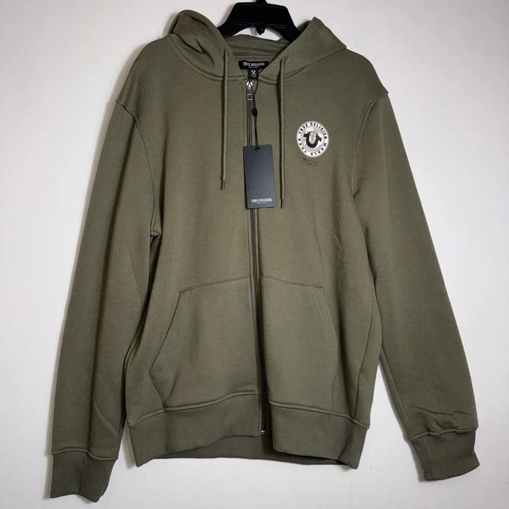 True Religion Hoodie Mens M Green Buddha Full Zip Sweatshirt Fleece Sweater NWT